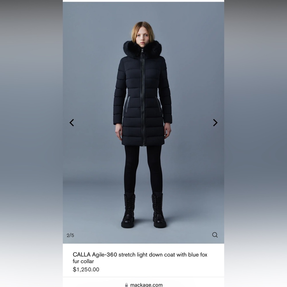 Mackage Calla Down Coat with removable Blue Fox Fur, black, size small